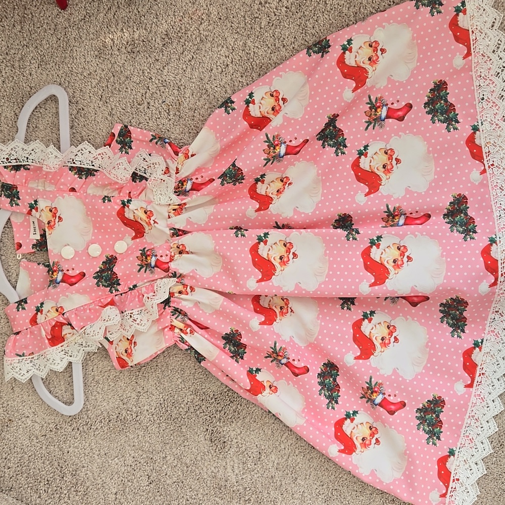 Vintage Pink Santa Christmas Dress For Girls, Custom Added Lace & Buttons, EUC